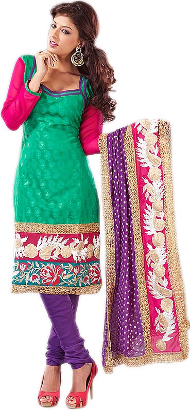 Jelly-Bean Green Choodidaar Kameez Suit with Wide Embroidered Floral Border and Self-Weave