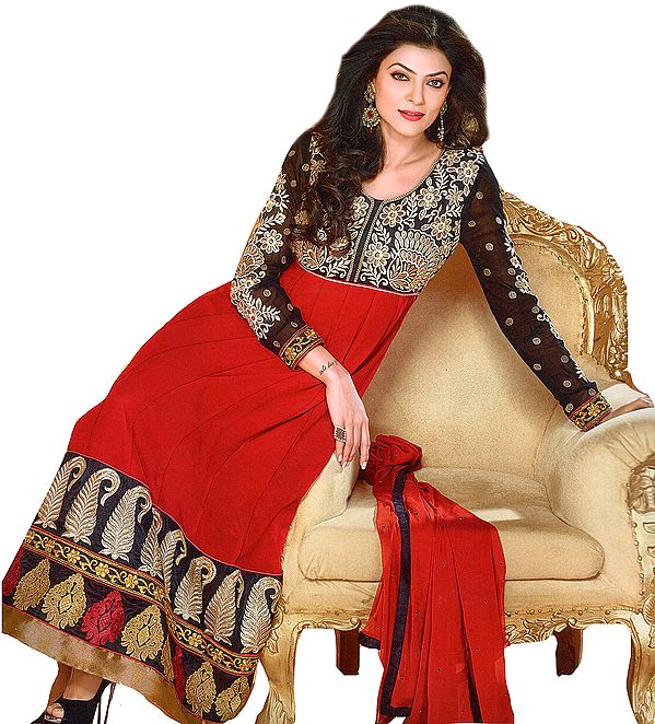 Jester-Red Anarkali Suit with Embroidered Patches on Neck and Border