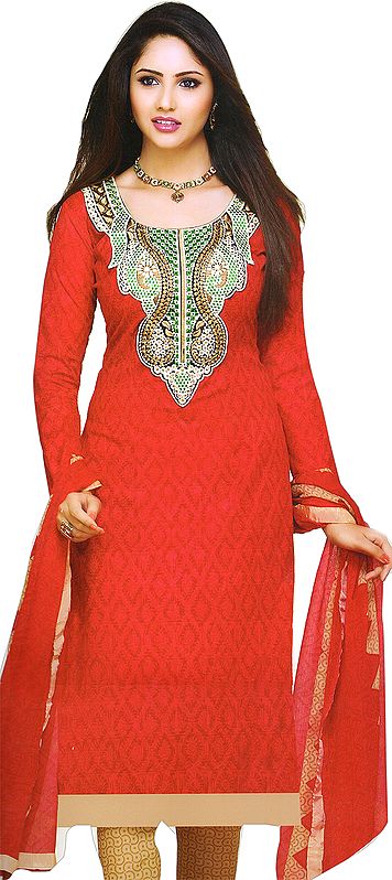 Jester-Red Choodidaar Kameez Suit with Patch Embroidery on Neck