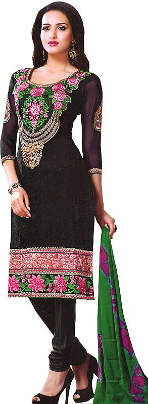 Jet-Black Choodidaar Kameez Suit with Floral Patch Embroidery on Neck and Border