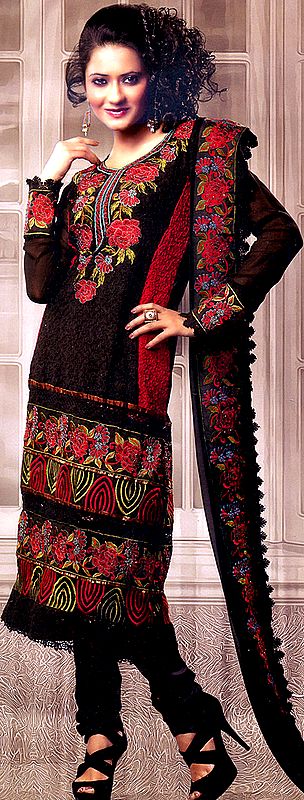 Jet-Black Choodidaar Kameez Suit with Self-Colored Embroidery and Floral Border
