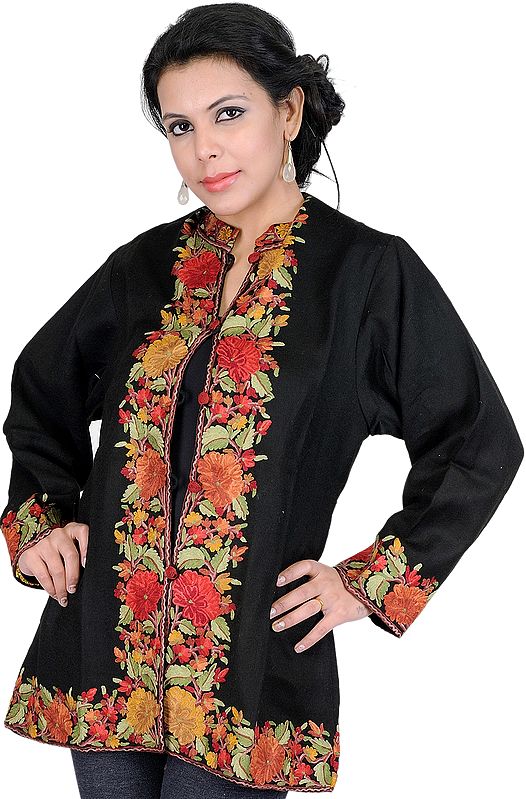 Jet-Black Jacket from Kashmir with Aari Embroidered Flowers by Hand