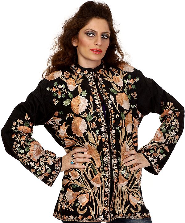Jet-Black Kashmiri Jacket with Aari Embroidered Flowers All-Over