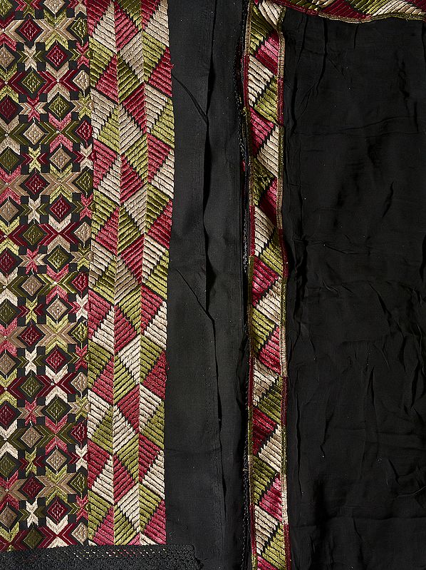Jet-Black Phulkari Salwar Kameez Fabric From Punjab with Aari-Embroidery and Crystals