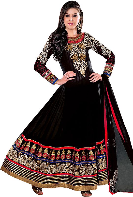 Jet-Black Wedding Long Choodidaar Suit with Sequins and Aari Embroidery