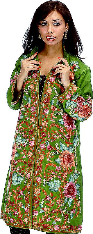 Kelly-Green Long Silk Jacket with Floral Embroidery All-Over