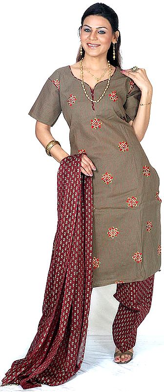 Khaki and Maroon Salwar Kameez Suit with Floral Embroidery