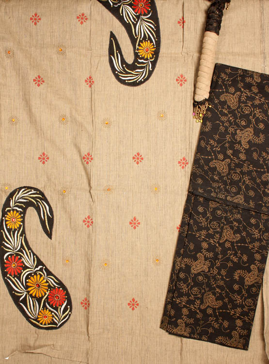 Khaki Appliqué Suit from Kutch with Printed Bootis and Sequins