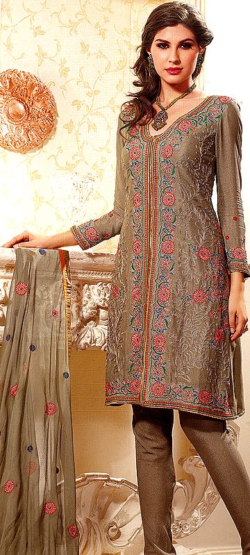 Khaki Choodidaar Kameez Suit with Metallic Thread Embroidered Flowers All-Over