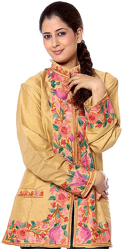 Khaki Kashmiri Jacket with Embroidered Tulips