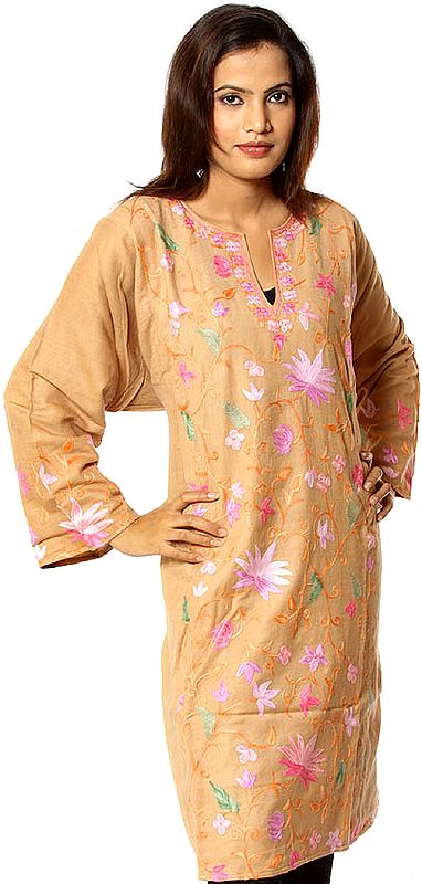 Khaki Kashmiri Phiran with Embroidered Flowers All-Over