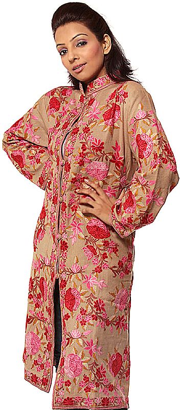 Khaki Long Jacket from Kashmir with Pink and Red Embroidered Flowers