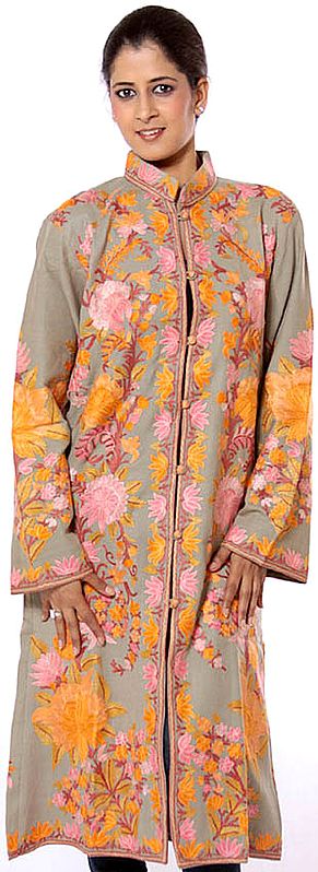 Khaki Long Kashmiri Jacket with All-Over Flowers in Pink and Amber