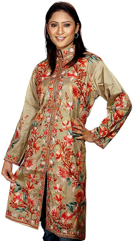 Khaki Long Silk Jacket with Embroidered Flowers All-Over