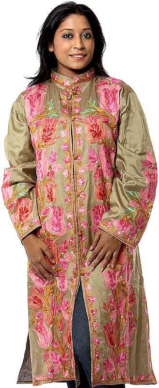 Khaki Long Silk Jacket with Pink Tulips