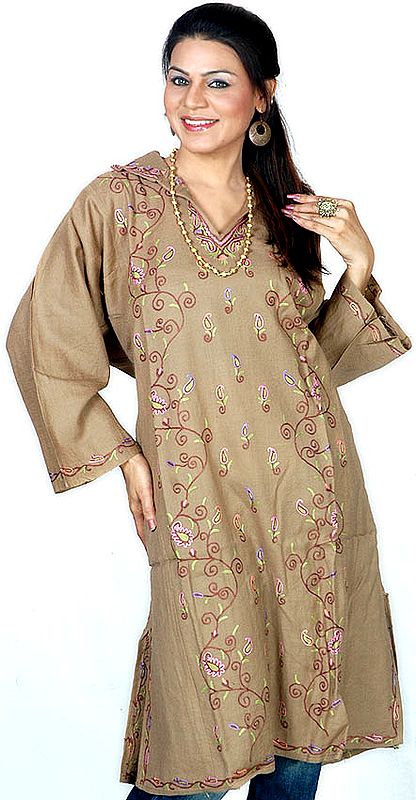 Khaki Phiran from Kashmir with All-Over Crewel Embroidered By Hand