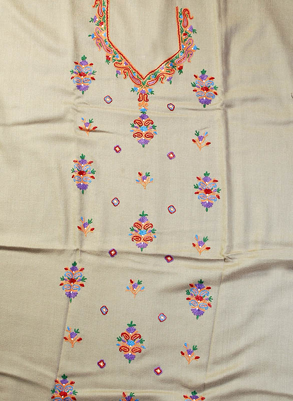 Khaki Two-Piece Suit from Kashmir with Crewel Embroidery