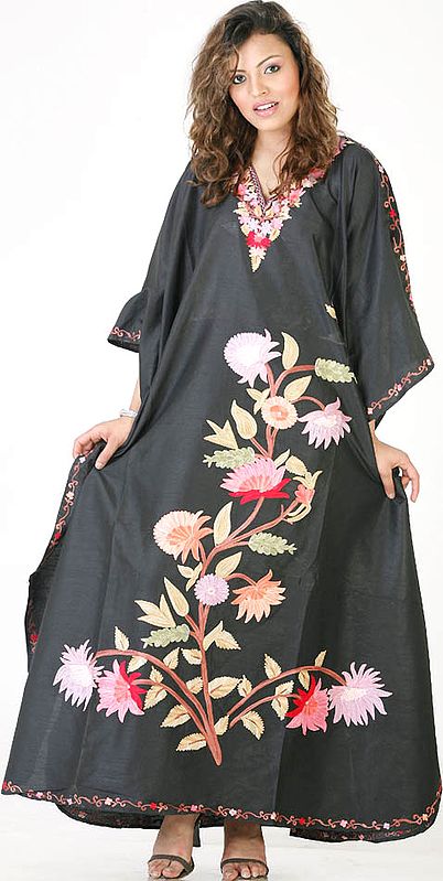 Black Kaftan from Kashmir with Floral Embroidery