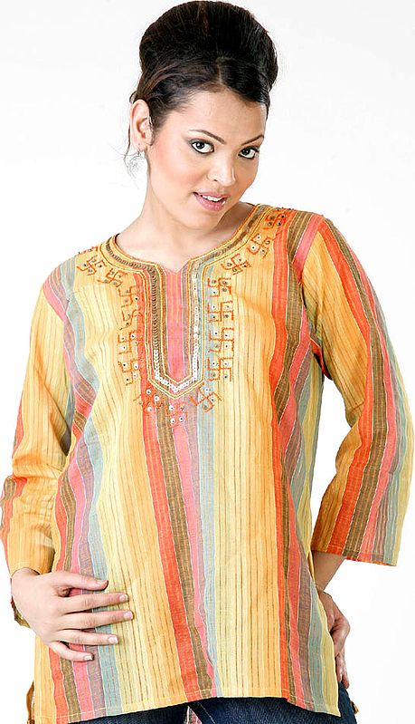 Multi-Color Kurti Top with Vertical Stripes and Sequins