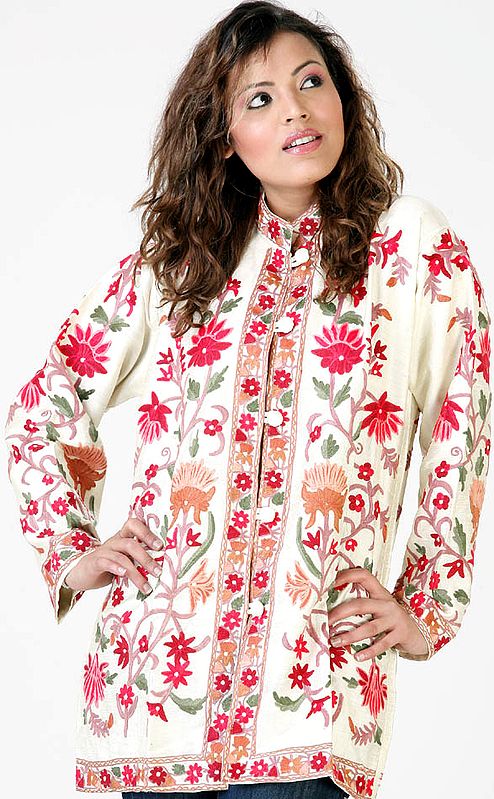 Cream Jacket with Multi-Colored Flowers