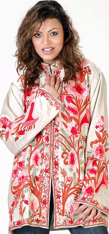 Light-Khaki Jacket with Red Flowers Embroidered All-Over