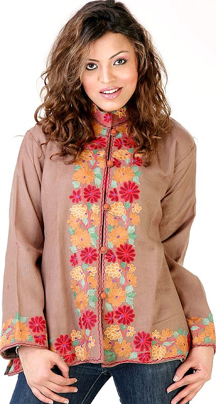 Brown Jacket with Floral Embroidery on Borders