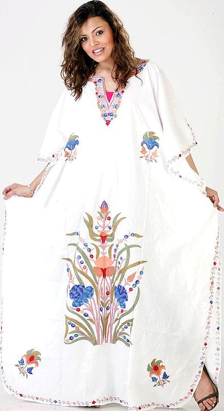 Ivory Floral Kaftan with Multi-Colored Aari-Embroidery