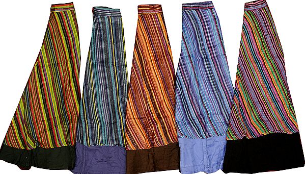 Lot of Five Layered Wrap-Around Sanganeri Skirts with Stripes