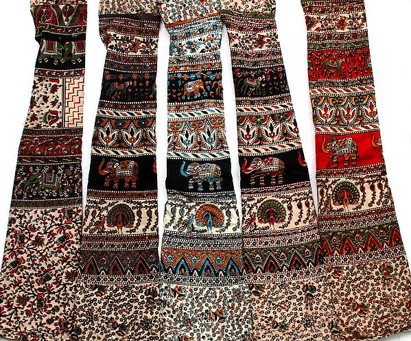 Lot of Five Wrap-Around Sanganeri Skirts with Printed Elephants