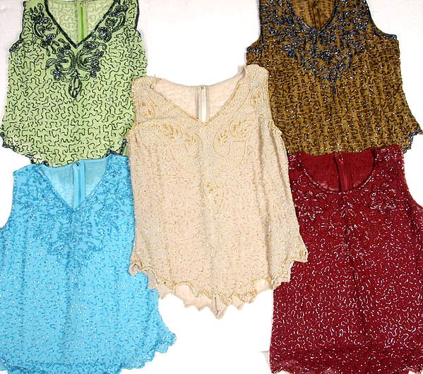 Lot of Five Densely Beaded See-Through Tops from Barraeli