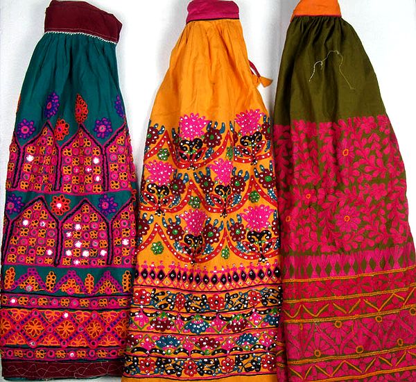 Lot of Three Hand-Embroidered Skirts from Kutchh