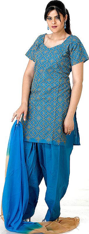 Turquoise Salwar Kameez with All-Over Jaal Embroidery
