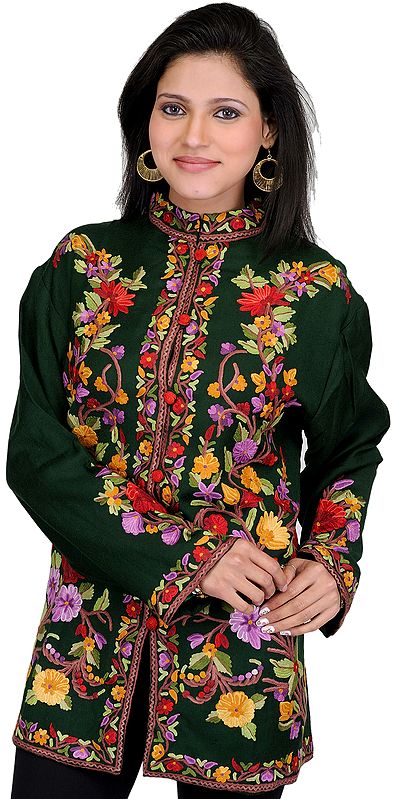 Kombu-Green kashmiri Jacket with Aari Embroidered Flowers by Hand