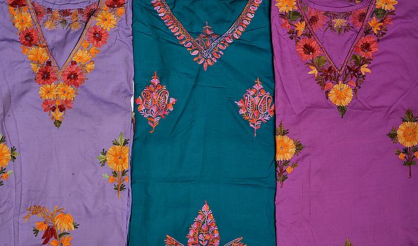 Lot of Three Kashmiri V-Neck Kaftans with Aari Embroidery