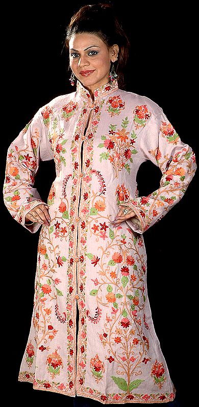 Light-Pink Long Kashmiri Jacket with All-Over Embroidery and Sequins
