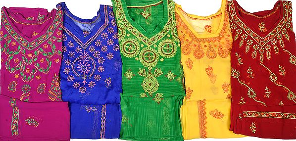 Lot of Five Kurti Tops with Lukhnavi Chikan Embroidery and Dupattas