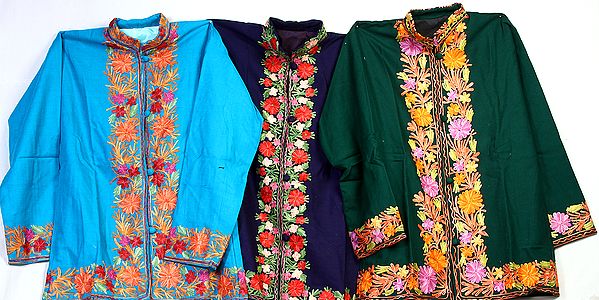 Lot of Three Jackets from Kashmir with Floral Embroidery on Border