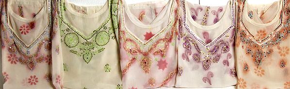 Lot of Five Ivory Shaded Tops with Lukhnavi Chikan Embroidery and Sequins