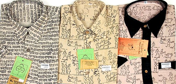 Lot of Three Men's Shirts with Folk Warli Print and Hindu Mantras