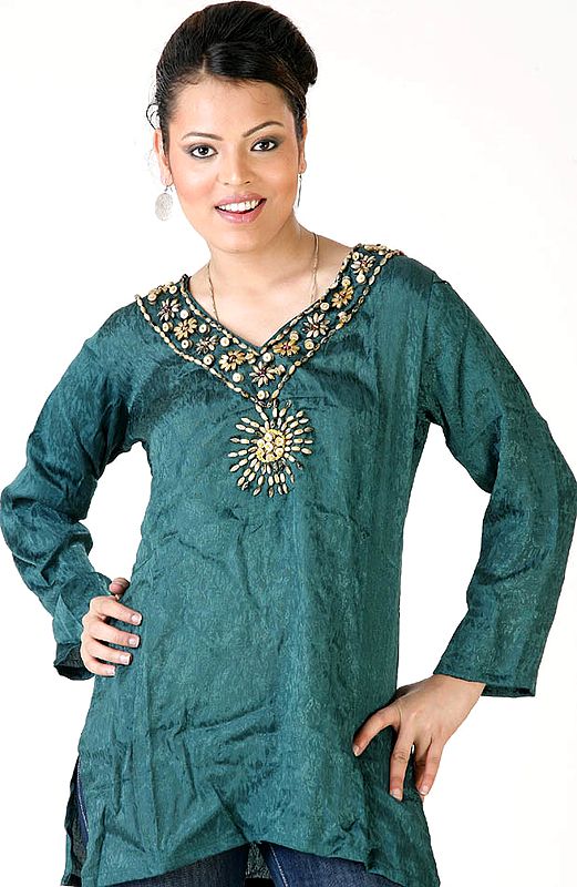 Teal-Green Top with Beadwork and Design in Self