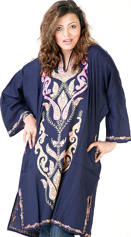 Midnight-Blue Phiran with Multi-Color Embroidery on Front