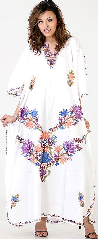White Cotton Kaftan with Floral Aari-Embroidered Flowers