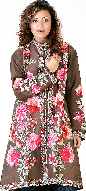 Taupe Long Silk Jacket with Large Flowers