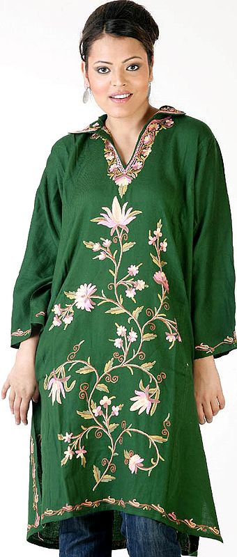 Islamic-Green Floral Phiran Embroidered in Kashmir