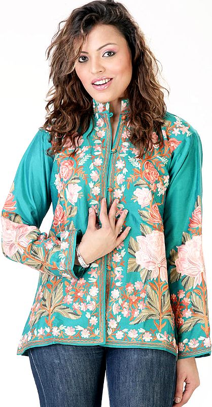 Persian-Green Jacket with All-Over Floral Embroidery