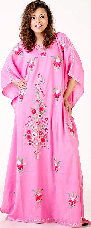 Pink Kaftan from Kashmir with Floral Embroidery