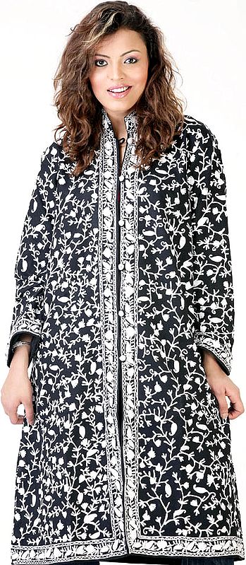 Black and White Long Jacket with Paisley Embroidery