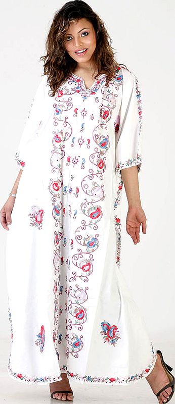 Ivory Cotton Kaftan with Multi-Colored Aari-Embroidery