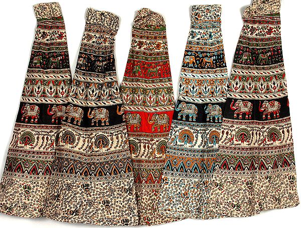 Lot of Five Wrap-Around Sanganeri Printed Skirts with Printed Elephants