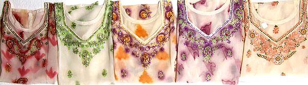 Lot of Five Ivory Kurti Tops with Lukhnavi Chikan Embroidery